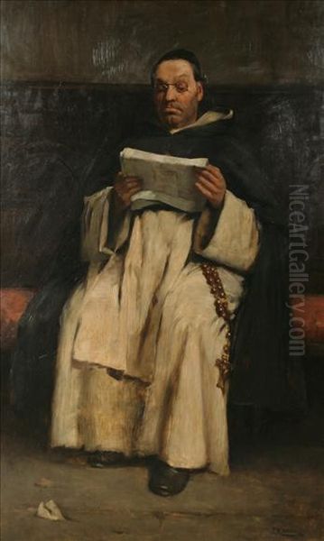 A Monk Reading Seated On A Panelled Bench - view 1