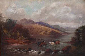 Study Of Highland Cattle Watering In Amountainous Landscape, On Canvas, Signed And Dated 1922 Lower Left