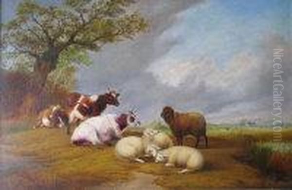 Cattle And Sheep By A Pool In A Wooded Landscape - view 1