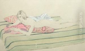 Circa 1970- Reclining Male Nude, Full-length On A Bed; Pencil by G. Davis