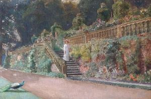Young Women Collecting Flowers In A Garden Landscape, Framed by Noel Denholm Davis