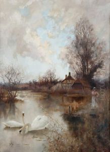 Swans On River by Valentine, Val Davis