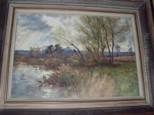 A River Landscape With Rain Clouds Beyond