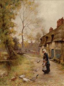 Village River Path With Thatchedcottages Behind, Mother And Child Feeding Ducks And Pigeons Atriver Edge On Canvas. by Valentine, Val Davis