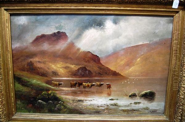Highland Landscape With Cattle By A Loch - view 1