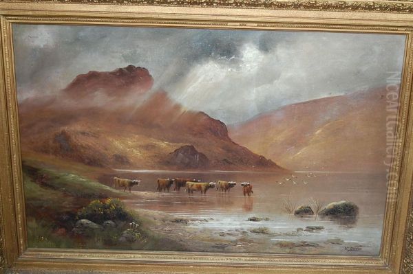 Highland Landscape Withcattle By A Loch - view 1