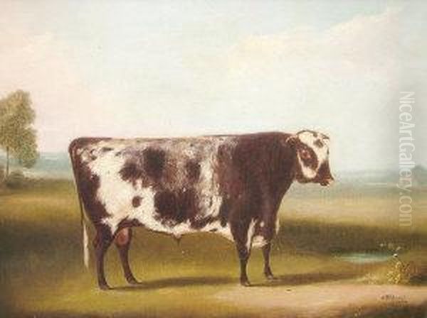 Portrait Of A Cow Standing In A Landscape; Oil On Canvas - view 1