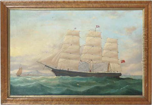 A Three-masted Barque In Full Sail Off A Coastline - view 1