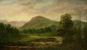 River Scene With Fisherman Cattle And Sheep by Horace Dawes