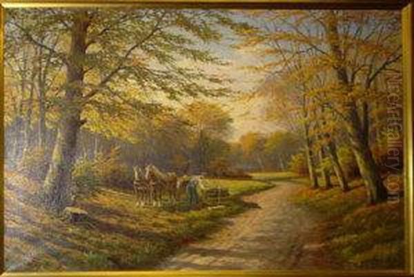 Woodland Scene With A Woodcutter Standing Beside A Pile Of Logs, With A Pair Of Horses And A Cart Behind. - view 1