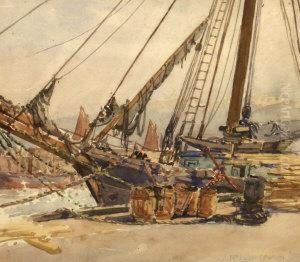 Ships In A Harbour by Nelson Ethelred Dawson