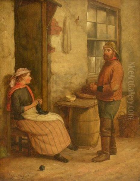 Scarborugh Fishergirl Knitting With Fisherman Preparing Line - view 1