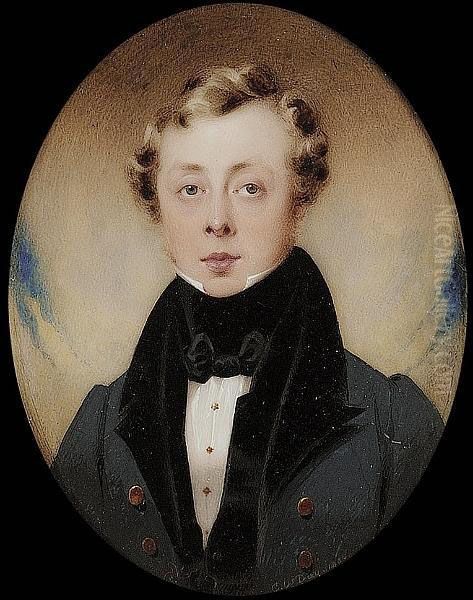 A Young Gentleman, Wearing Blue Coat With Black Velvet Collar, Black Waistcoat, White Chemise And Tied Stock - view 1