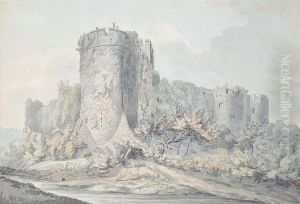 Ruined Castle Viewed From Below; And Ruins Beside A River by William Day