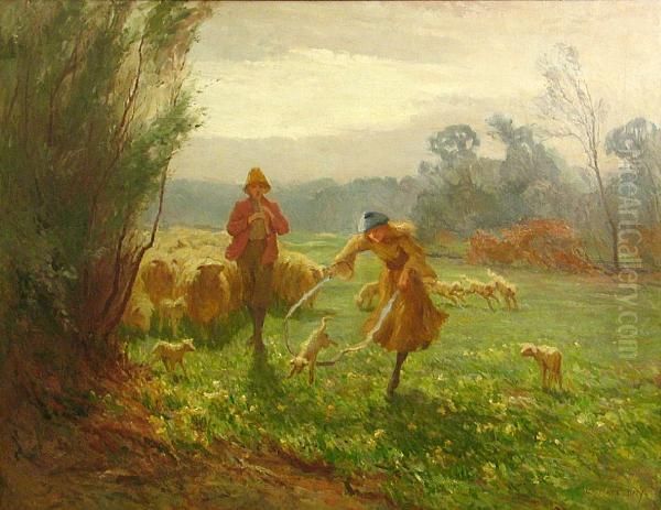 Shepherds And Their Flock In A Meadow - view 1