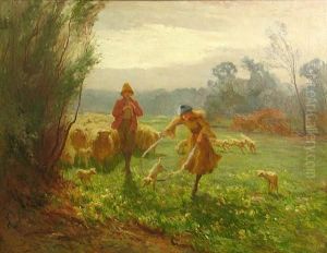 Shepherds And Their Flock In A Meadow by William Cave Day