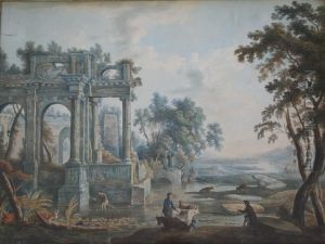 Figures And Cattle By Ruins In A Landscape by Edward Dayes