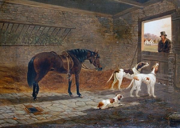 A Horse And Three Dogs In A Stable Interior - view 1
