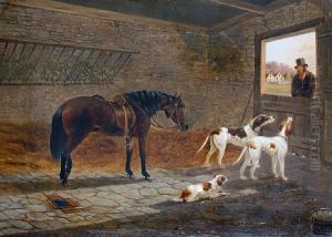 A Horse And Three Dogs In A Stable Interior by B. Dayrell