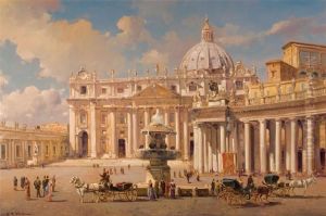 Winter , "carrozzelle A Piazza San Pietro", Olio Su Tela, Cm.100x150, Firmato In Basso A Sinistra