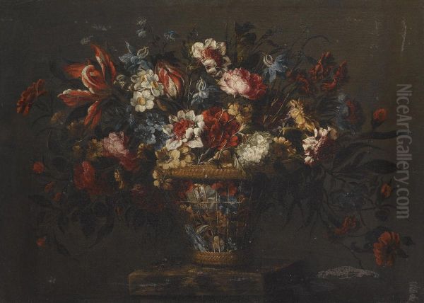 A Still Life With A Basket Of Tulips, Carnations And Other Flowers On A Stone Plinth - view 1