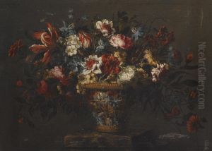 A Still Life With A Basket Of Tulips, Carnations And Other Flowers On A Stone Plinth