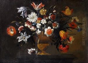 Tulips, Chrysanthemums, Convolvulus, And Otherflowers In A Bronze Urn On A Stone Plinth