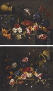 Lilies, Roses, Peonies, Pinks, Iris, A Tulip And Other Flowers On A Stone Ledge, An Earthenware Vessel Upper Left