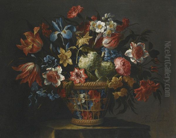 Still Life With Flowers, Including Anemones, Snowballs And Yellownarcissi, In A Wicker Basket Set Upon A Stone Pedestal - view 1