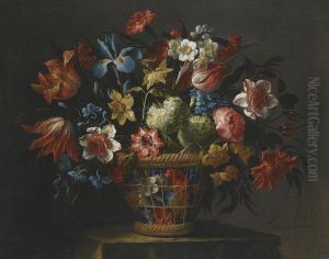 Still Life With Flowers, Including Anemones, Snowballs And Yellownarcissi, In A Wicker Basket Set Upon A Stone Pedestal by Juan De Arellano