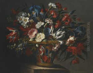 Still Life With Flowers, Including Roses, Narcissi, Peonies, Blueirises And Variegated Tulips, In A Wicker Basket Set Upon A Stoneplinth