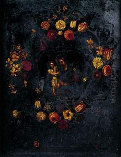 Saint Joseph Et L'enfant Jesus Dans Une Guirlande De Fleurs - view 1