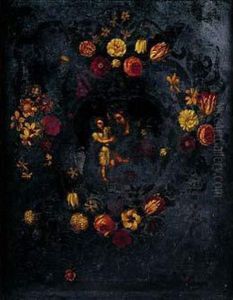 Saint Joseph Et L'enfant Jesus Dans Une Guirlande De Fleurs by Josefa De Ayala