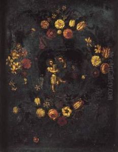 St Joseph Et L'enfant Jesus Dans Une Guirlande De Fleurs