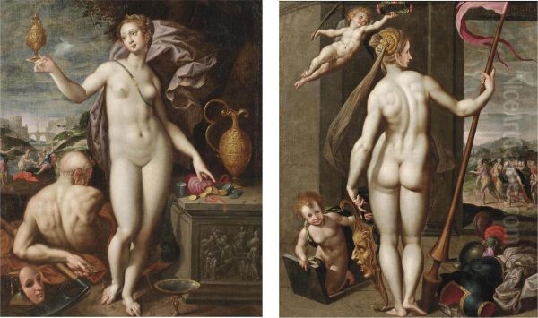 Juno Holding A Golden Vessel And A Moneybag; And Minerva Holding A Lance While Being Crowned With Laurels By A Putto - view 1