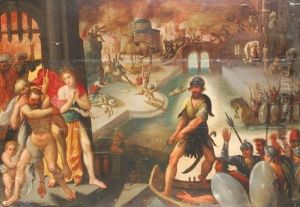 Aeneas And The Aeneadsfleeing The Burning City Of Troy by Jacob I De Backer