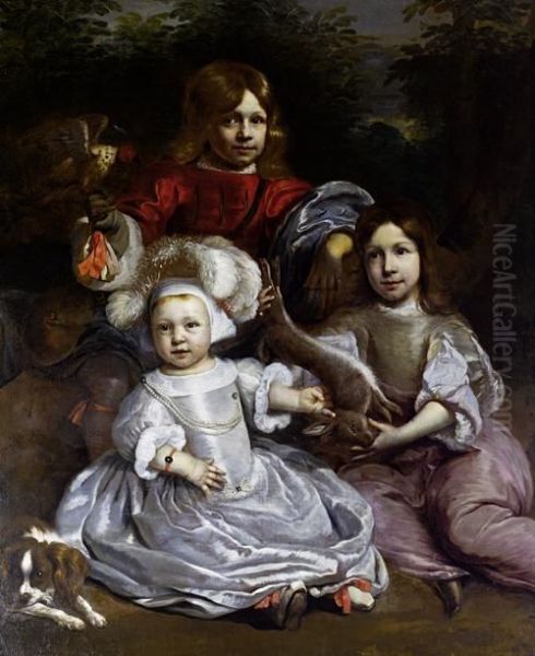 Portrait Of A Young Boy With A Falcon Standingbeside A Young Girl And A Younger Boy Holding A Hare, Both Seatedin A Landscape - view 1