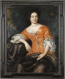 A Portrait Of A Lady, Seated Three-quarter Length, Wearing A Reddress With A Brown Cloak And Pearl Jewellery by Jan de Baen