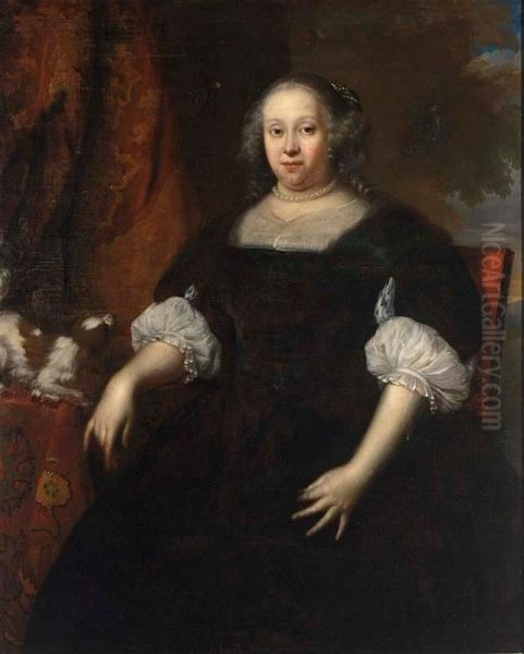 A Portrait Of Geertruid Margaretha Van Varick, Seated Three-quarter Length, Wearing A Black Dress With White Lace Cuffs And A Pearl Necklace, Together With A King Charles Spaniel, In A Landscape Setting - view 1