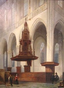 A Cathedral Interior With Figures by Angelus De Baets