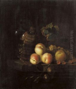 A Still Life Of Peaches, A Carafe, A Glass And Grapes, All Arranged Upon A Ledge