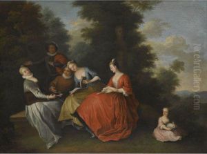 An Elegant Company Seated Outdoors Making Music by Bonaventure De Bar