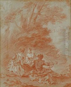 Deux Jeunes Femmes Et Un Homme Assis Pres D'un Arbre by Bonaventure De Bar