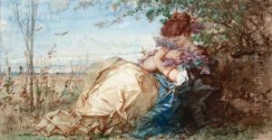 Zittend Meisje Met Geurende Bloemen by Edouard Charles De Beaumont