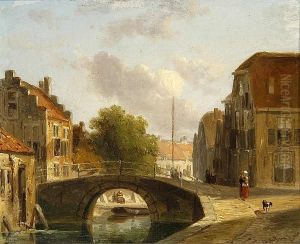 A Woman And Her Dog On A Riverside Street by A. De Beer