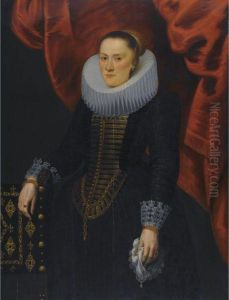 Portrait Of A Lady In Black Dress With Ornate Gold Brocade Smocking
And A Large Ruff by Cornelis De Beer