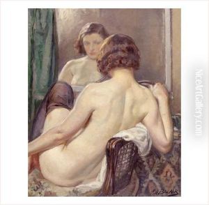Nu Aux Bas Noirs A Son Miroir by Pierre Mitiffiot De Belair