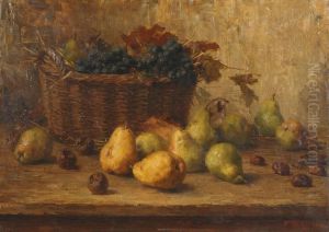 Stilleven Met Een Mand Vol Druiven, Peren En Pruimen Op Tafel by Joseph De Belder