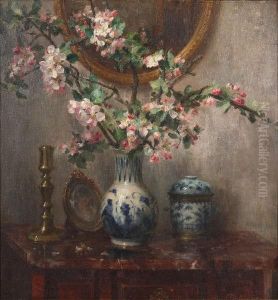 Stilleven Met Bloesemende Twijg In Chinese Vaas Op Commode by Joseph De Belder