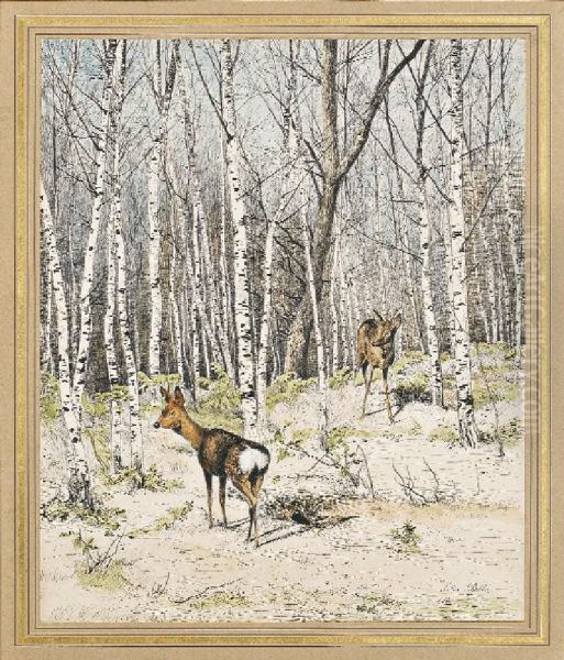 Brocard Et Sa Chevrette Dans Les Bois De Bouleaux - view 1
